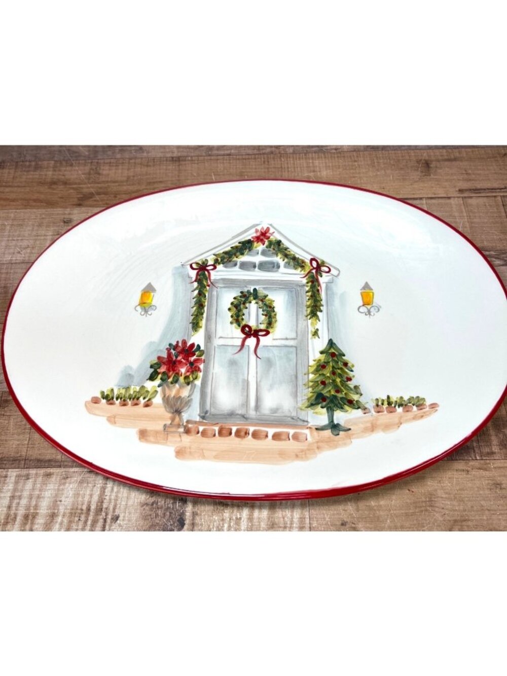 Mexcera Christmas Scene Platter Red Trim Ceramic Decor